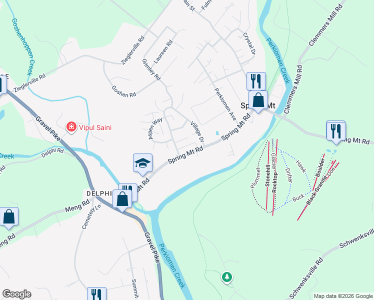 map of restaurants, bars, coffee shops, grocery stores, and more near 82 Spring Mount Road in Schwenksville