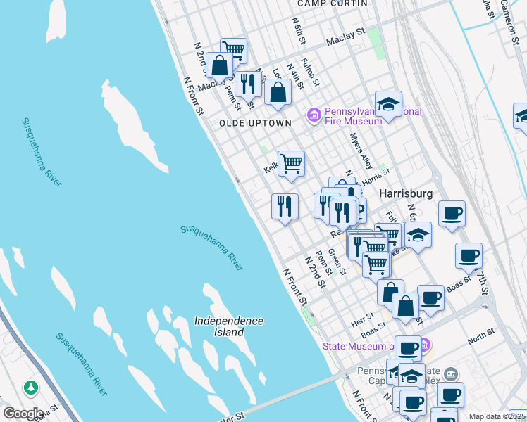 map of restaurants, bars, coffee shops, grocery stores, and more near 1617 North Front Street in Harrisburg