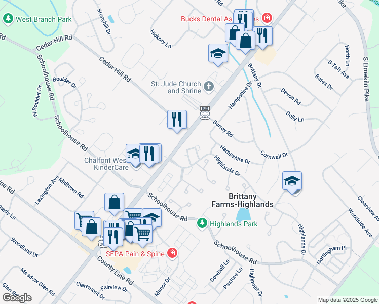 map of restaurants, bars, coffee shops, grocery stores, and more near 3202 Grey Friars Terrace in Chalfont