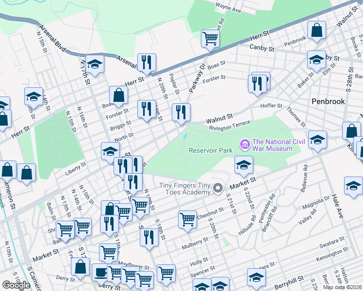 map of restaurants, bars, coffee shops, grocery stores, and more near in Harrisburg