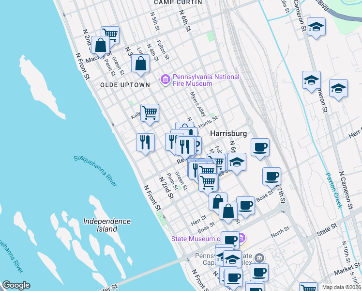 map of restaurants, bars, coffee shops, grocery stores, and more near 1514 Susquehanna Street in Harrisburg