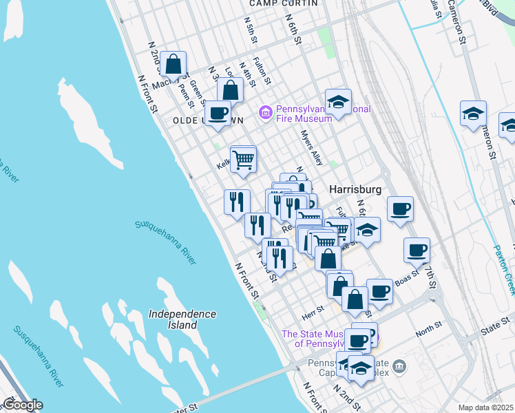map of restaurants, bars, coffee shops, grocery stores, and more near 211 Harris Street in Harrisburg