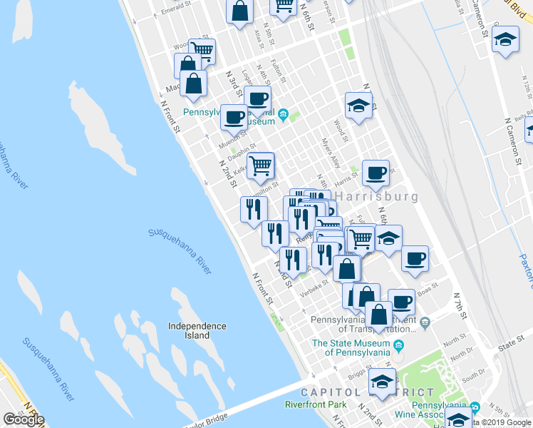 map of restaurants, bars, coffee shops, grocery stores, and more near 211 Harris Street in Harrisburg