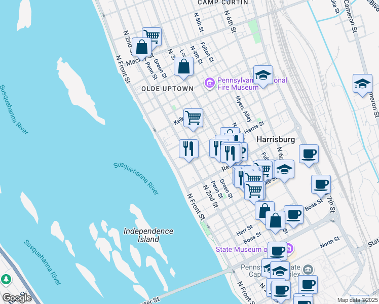 map of restaurants, bars, coffee shops, grocery stores, and more near 1612 North 2nd Street in Harrisburg