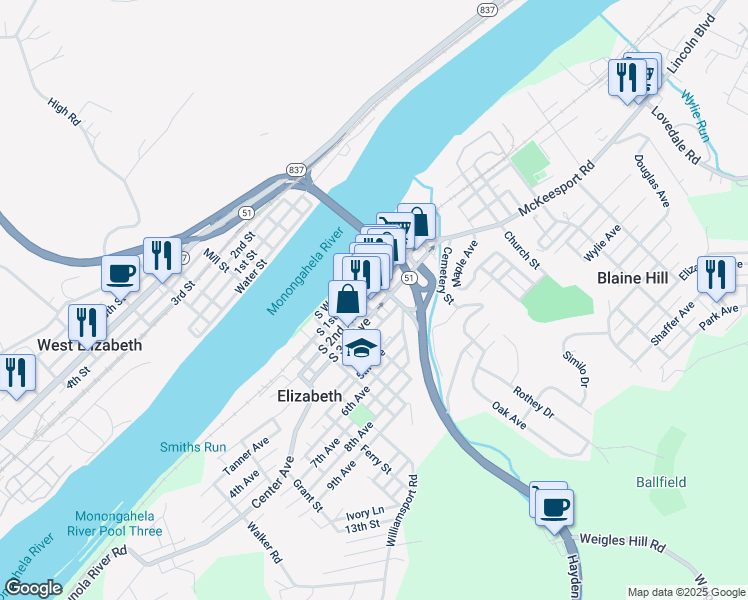 map of restaurants, bars, coffee shops, grocery stores, and more near 211 Plum Street in Elizabeth