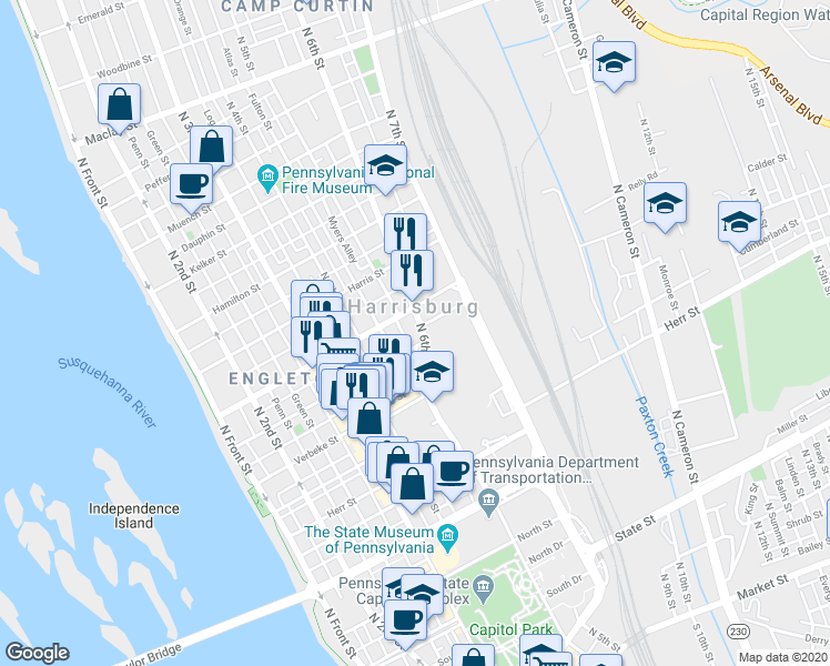 map of restaurants, bars, coffee shops, grocery stores, and more near 1408 North 6th Street in Harrisburg
