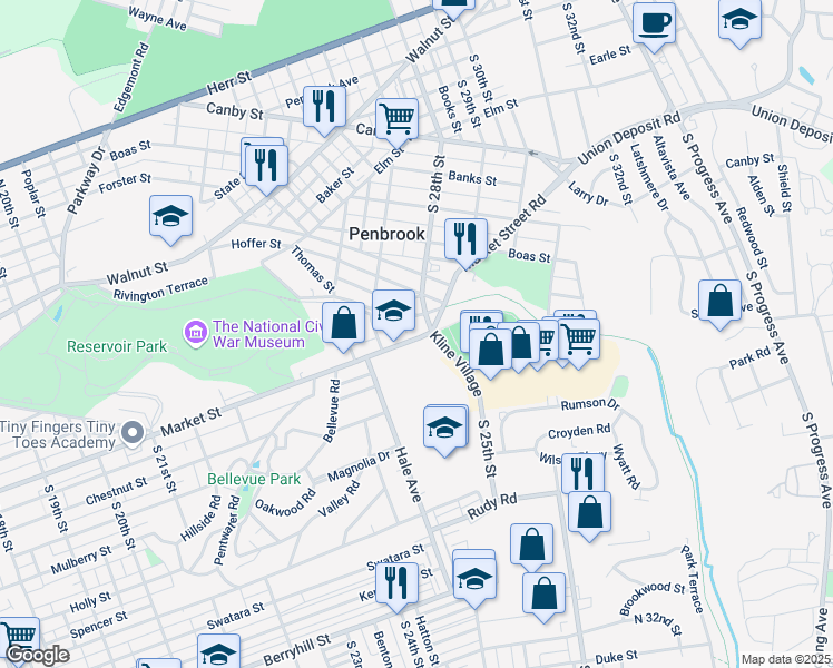 map of restaurants, bars, coffee shops, grocery stores, and more near 2466b Market Street in Harrisburg