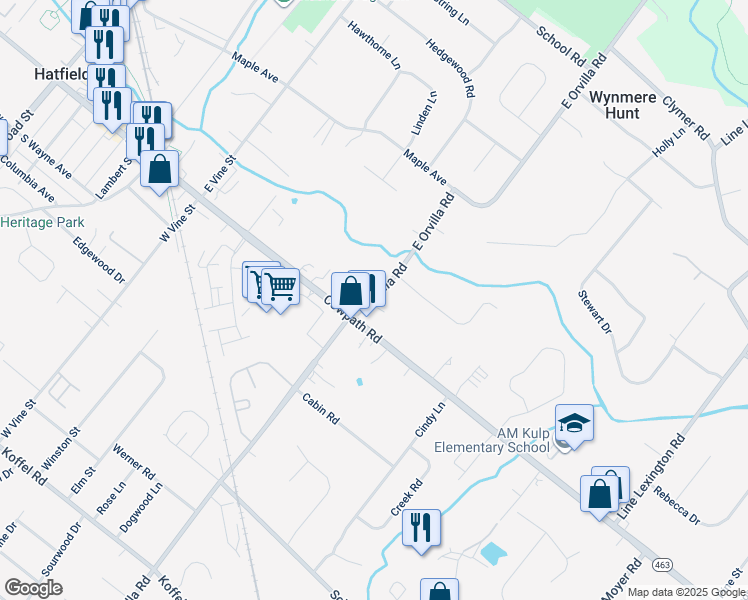 map of restaurants, bars, coffee shops, grocery stores, and more near 1926 East Orvilla Road in Hatfield