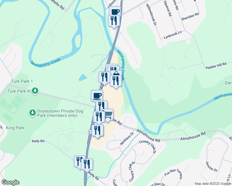 map of restaurants, bars, coffee shops, grocery stores, and more near 1745 South Easton Road in Doylestown