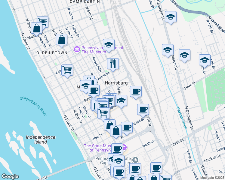 map of restaurants, bars, coffee shops, grocery stores, and more near 1412 Wyeth Street in Harrisburg