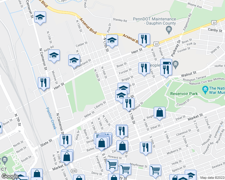 map of restaurants, bars, coffee shops, grocery stores, and more near 703 North 16th Street in Harrisburg