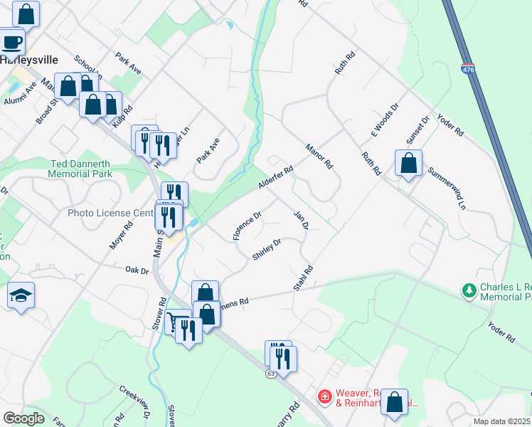 map of restaurants, bars, coffee shops, grocery stores, and more near 248 Florence Drive in Harleysville