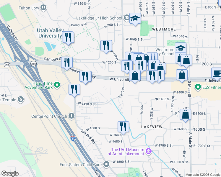 map of restaurants, bars, coffee shops, grocery stores, and more near 442 West 1430 South Street in Orem