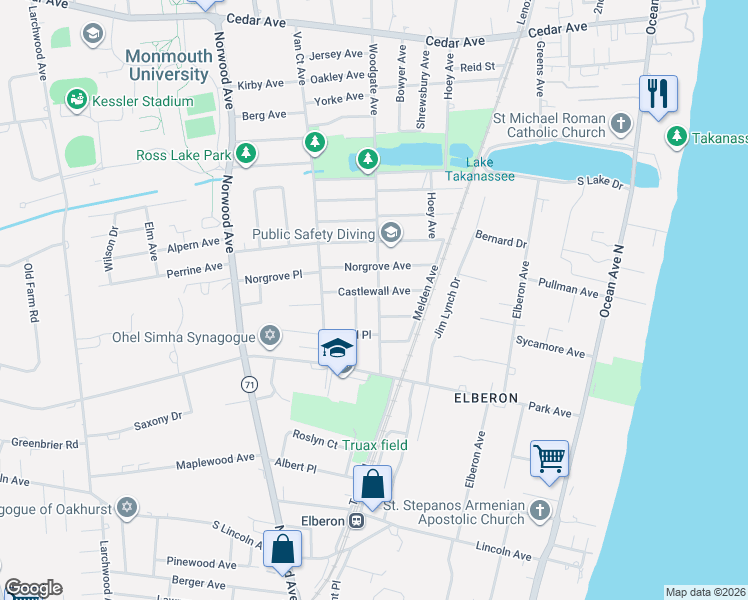 map of restaurants, bars, coffee shops, grocery stores, and more near 980 Woodgate Avenue in Long Branch