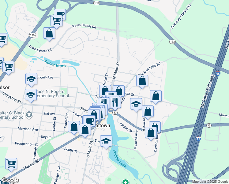 map of restaurants, bars, coffee shops, grocery stores, and more near 207 North Main Street in Hightstown