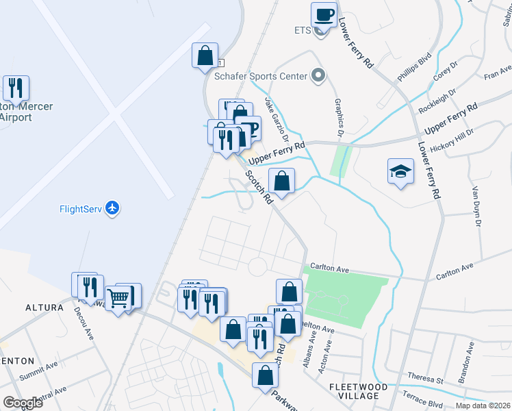 map of restaurants, bars, coffee shops, grocery stores, and more near 42 Kyle Way in Ewing Township