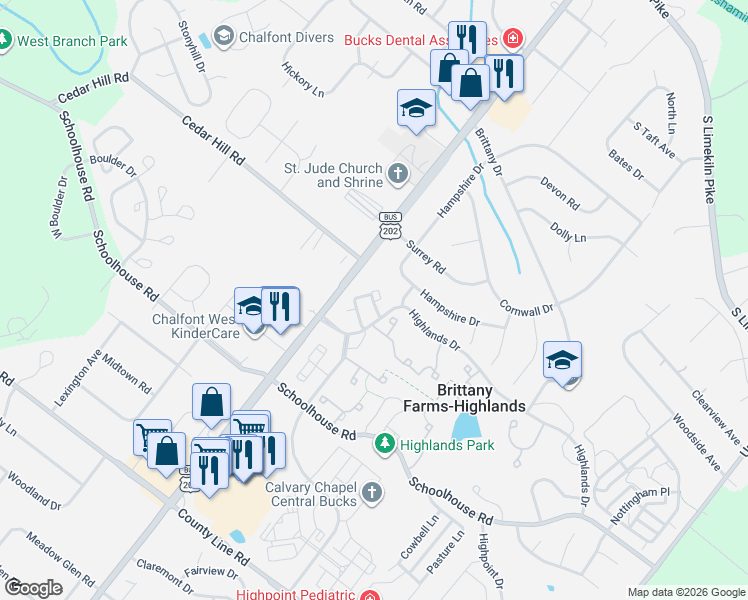 map of restaurants, bars, coffee shops, grocery stores, and more near 46 Fair Isle Circle in Chalfont