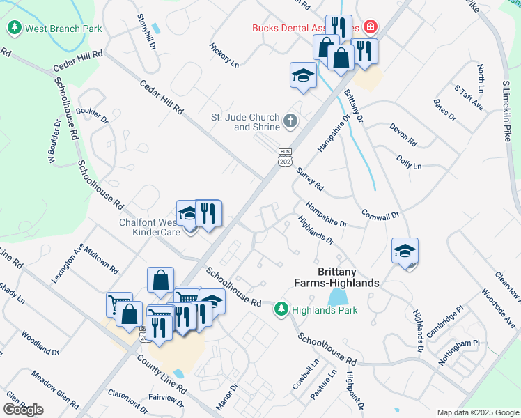 map of restaurants, bars, coffee shops, grocery stores, and more near 3202 Grey Friars Terrace in Chalfont