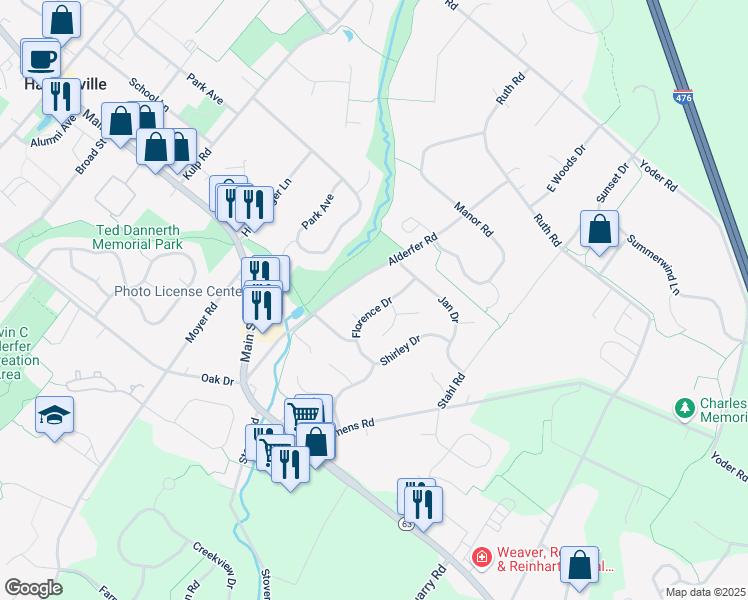 map of restaurants, bars, coffee shops, grocery stores, and more near 260 Florence Drive in Harleysville