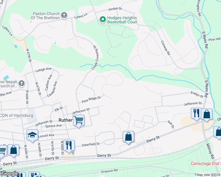 map of restaurants, bars, coffee shops, grocery stores, and more near 7055 Woodsman Drive in Harrisburg