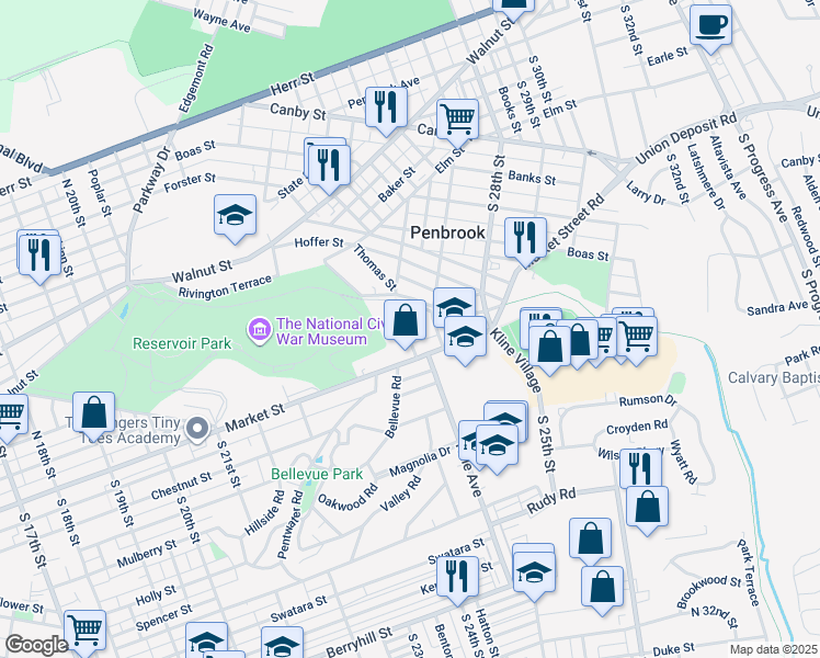 map of restaurants, bars, coffee shops, grocery stores, and more near 2408 Market Street in Harrisburg