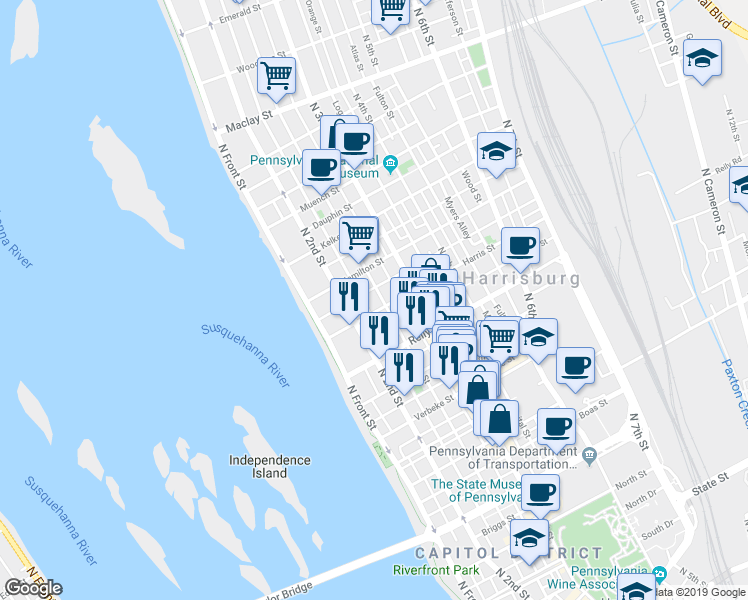 map of restaurants, bars, coffee shops, grocery stores, and more near 211 Harris Street in Harrisburg