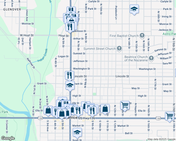map of restaurants, bars, coffee shops, grocery stores, and more near 609 North 8th Street in Beatrice