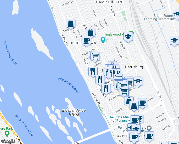 map of restaurants, bars, coffee shops, grocery stores, and more near 1620 North 2nd Street in Harrisburg