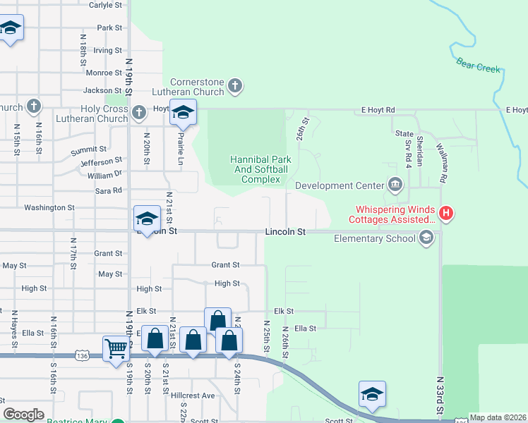 map of restaurants, bars, coffee shops, grocery stores, and more near 2420 Lincoln Street in Beatrice