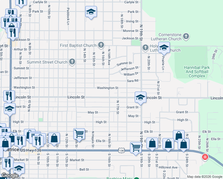 map of restaurants, bars, coffee shops, grocery stores, and more near 1608 Lincoln Street in Beatrice