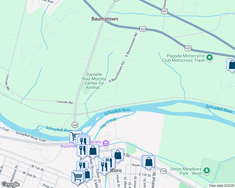 map of restaurants, bars, coffee shops, grocery stores, and more near 419 South Baumstown Road in Birdsboro