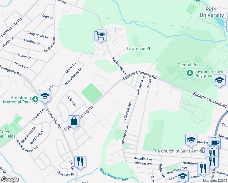 map of restaurants, bars, coffee shops, grocery stores, and more near 421 Eggerts Crossing Road in Ewing Township