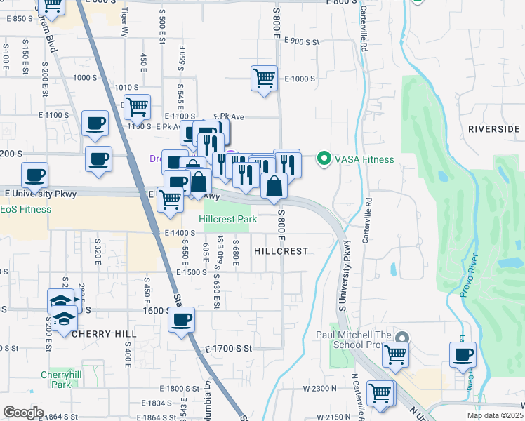 map of restaurants, bars, coffee shops, grocery stores, and more near 745 East 1350 South in Orem