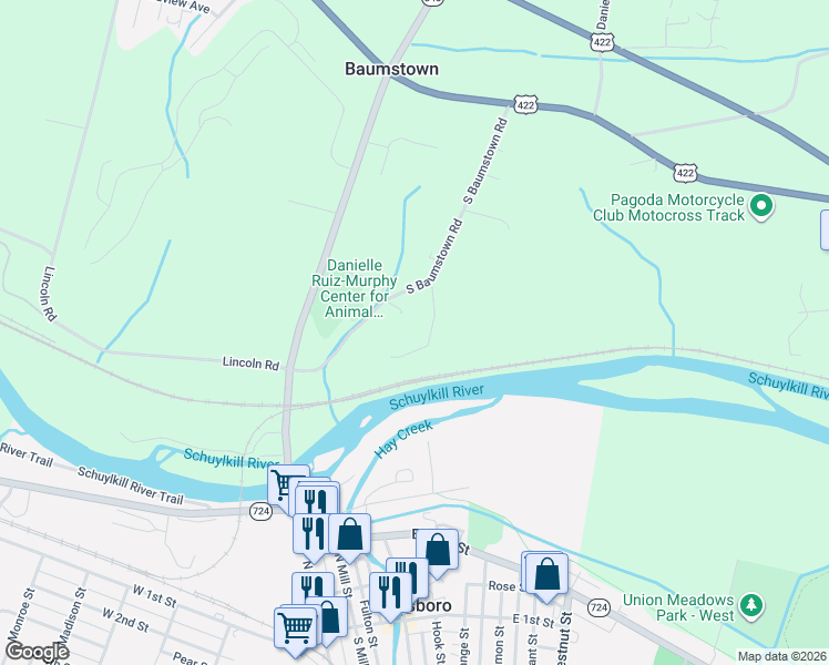 map of restaurants, bars, coffee shops, grocery stores, and more near 423 South Baumstown Road in Birdsboro