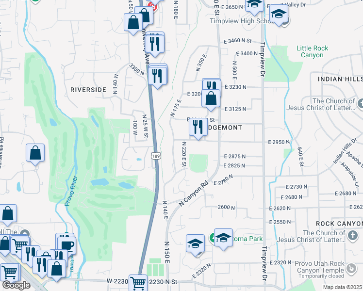 map of restaurants, bars, coffee shops, grocery stores, and more near 2925 North 220 East Street in Provo