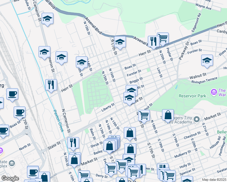 map of restaurants, bars, coffee shops, grocery stores, and more near 1509 Briggs Street in Harrisburg