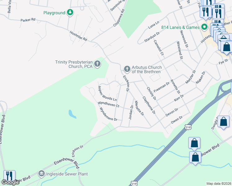map of restaurants, bars, coffee shops, grocery stores, and more near 1005 Aspen Woods Lane in Johnstown