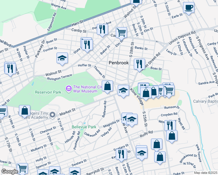 map of restaurants, bars, coffee shops, grocery stores, and more near 2408 Market Street in Harrisburg