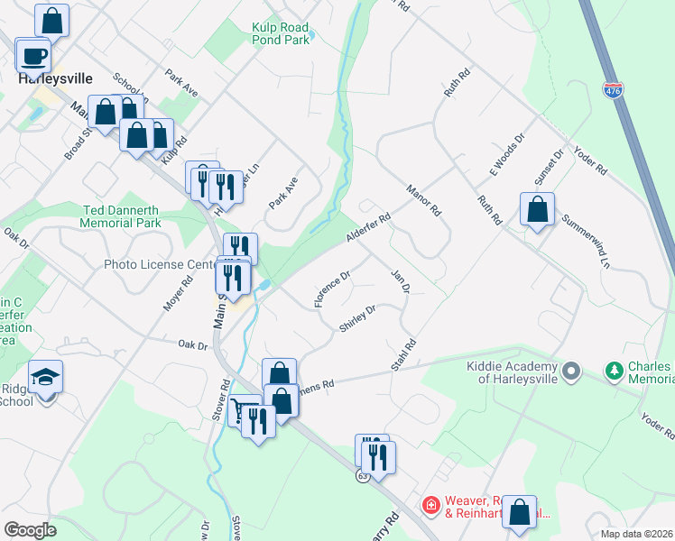 map of restaurants, bars, coffee shops, grocery stores, and more near 260 Florence Drive in Harleysville