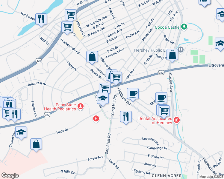 map of restaurants, bars, coffee shops, grocery stores, and more near 326 West Governor Road in Hershey