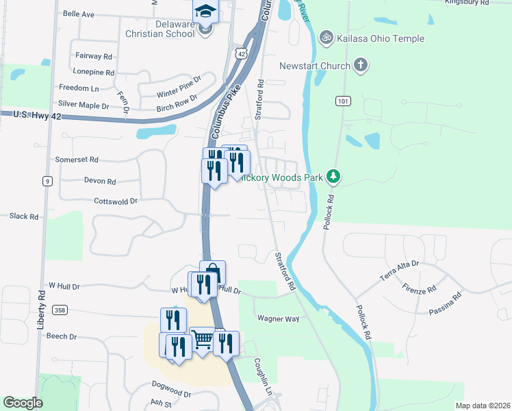 map of restaurants, bars, coffee shops, grocery stores, and more near 1478 Stratford Road in Delaware