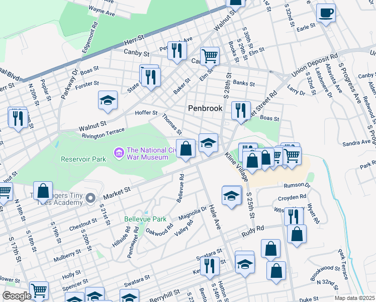 map of restaurants, bars, coffee shops, grocery stores, and more near 2408 Market Street in Harrisburg