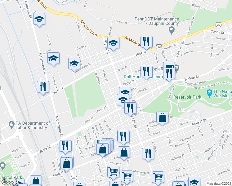 map of restaurants, bars, coffee shops, grocery stores, and more near 618 North 16th Street in Harrisburg