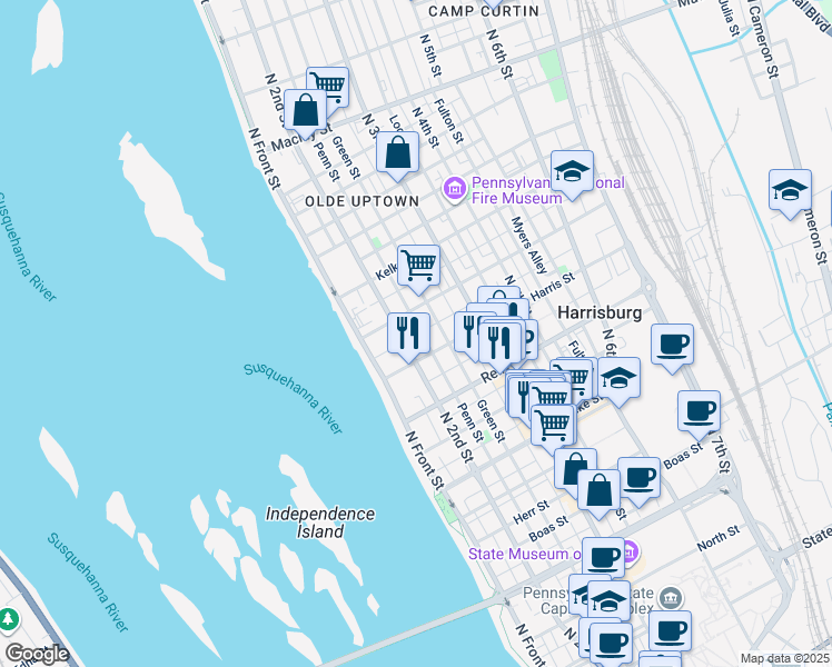 map of restaurants, bars, coffee shops, grocery stores, and more near 1612 North 2nd Street in Harrisburg