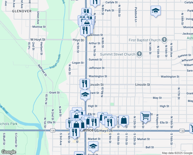 map of restaurants, bars, coffee shops, grocery stores, and more near 615 North 7th Street in Beatrice