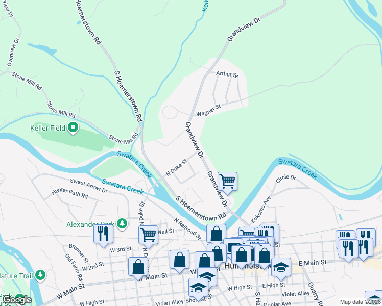 map of restaurants, bars, coffee shops, grocery stores, and more near 422 North Duke Street in Hummelstown