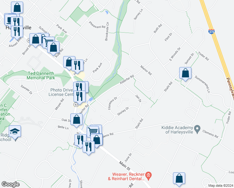 map of restaurants, bars, coffee shops, grocery stores, and more near 259 Florence Drive in Harleysville