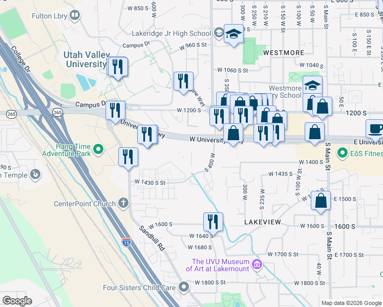 map of restaurants, bars, coffee shops, grocery stores, and more near 442 West 1430 South Street in Orem