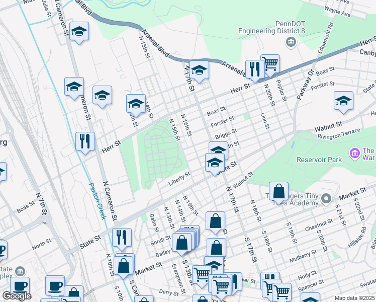 map of restaurants, bars, coffee shops, grocery stores, and more near 1513 Briggs Street in Harrisburg