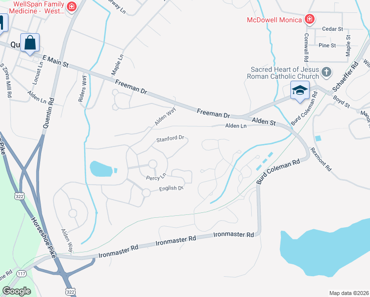 map of restaurants, bars, coffee shops, grocery stores, and more near 1055 Stanford Drive in Lebanon